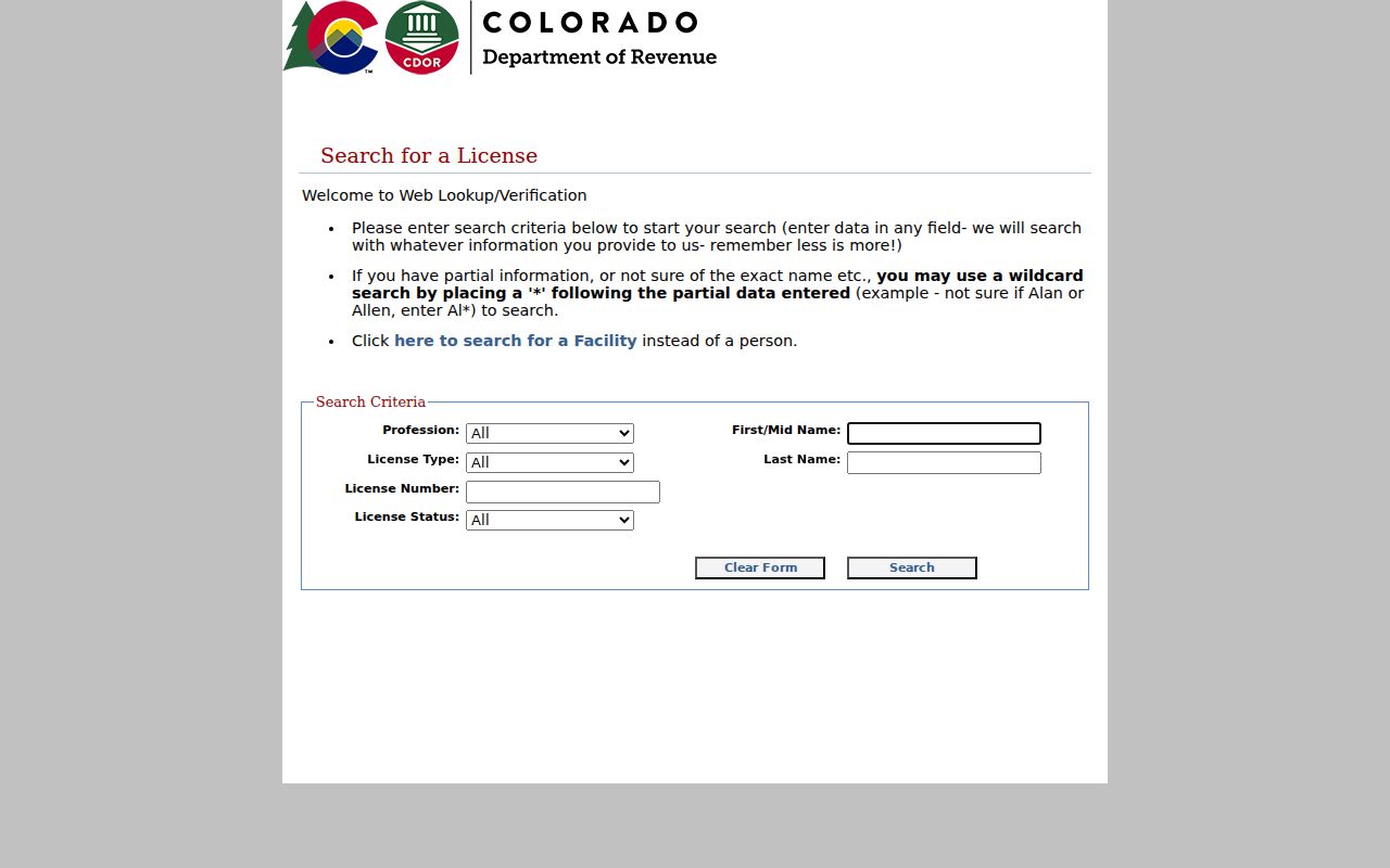 Boulder residents directory view of Colorado DORA license verification