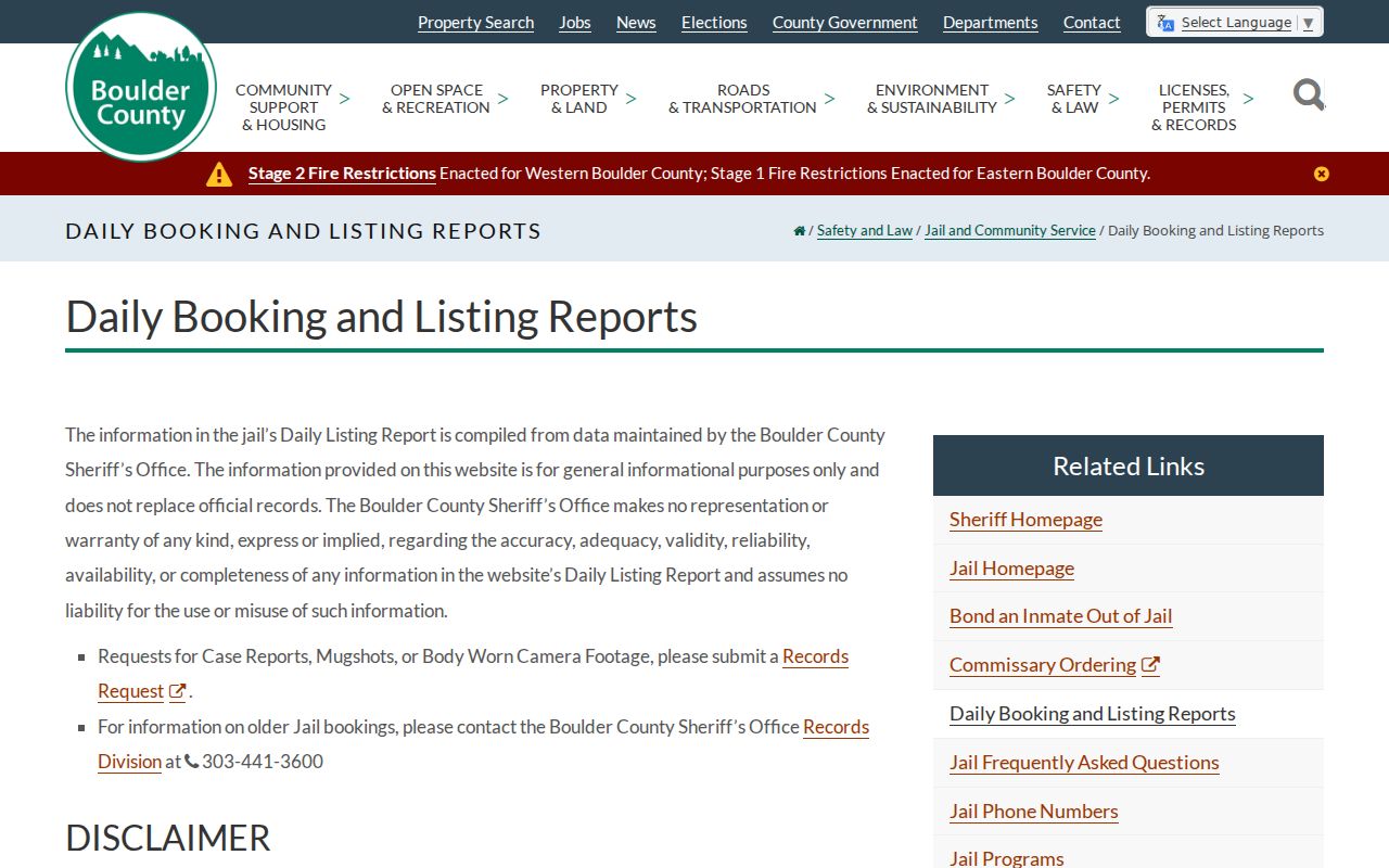 Boulder residents directory view of Boulder County booking and listing reports