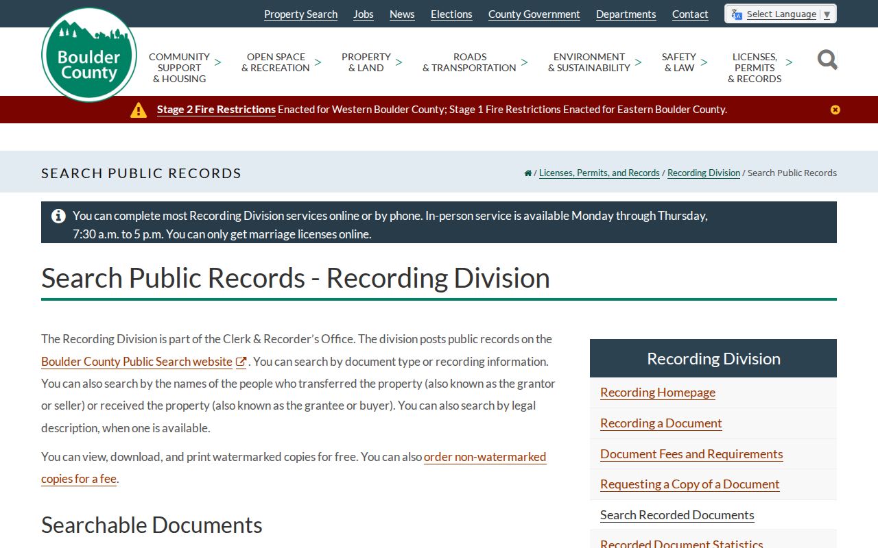 Boulder residents directory view of Boulder County recorded public records instructions