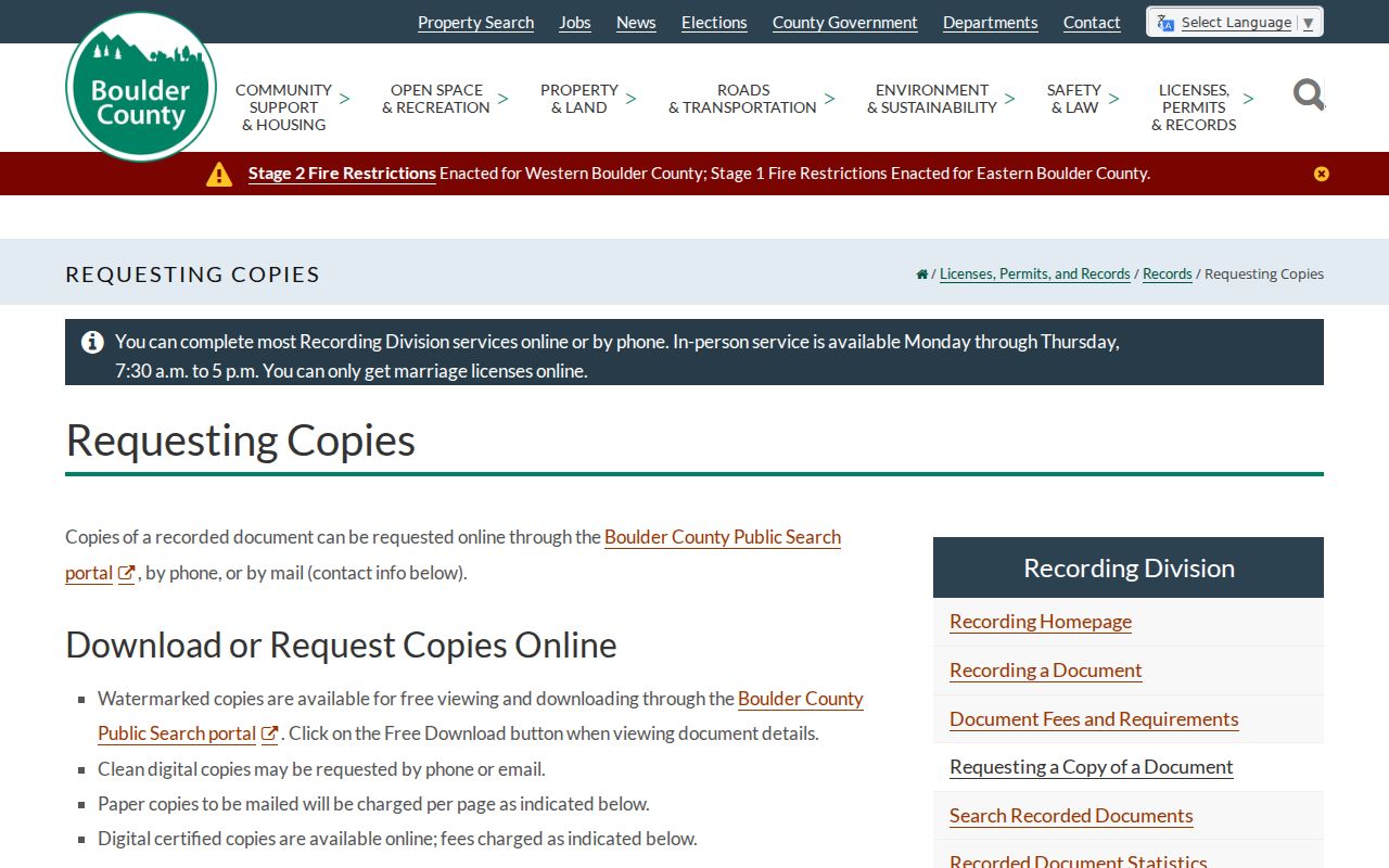 Boulder previous residents county record copy request route