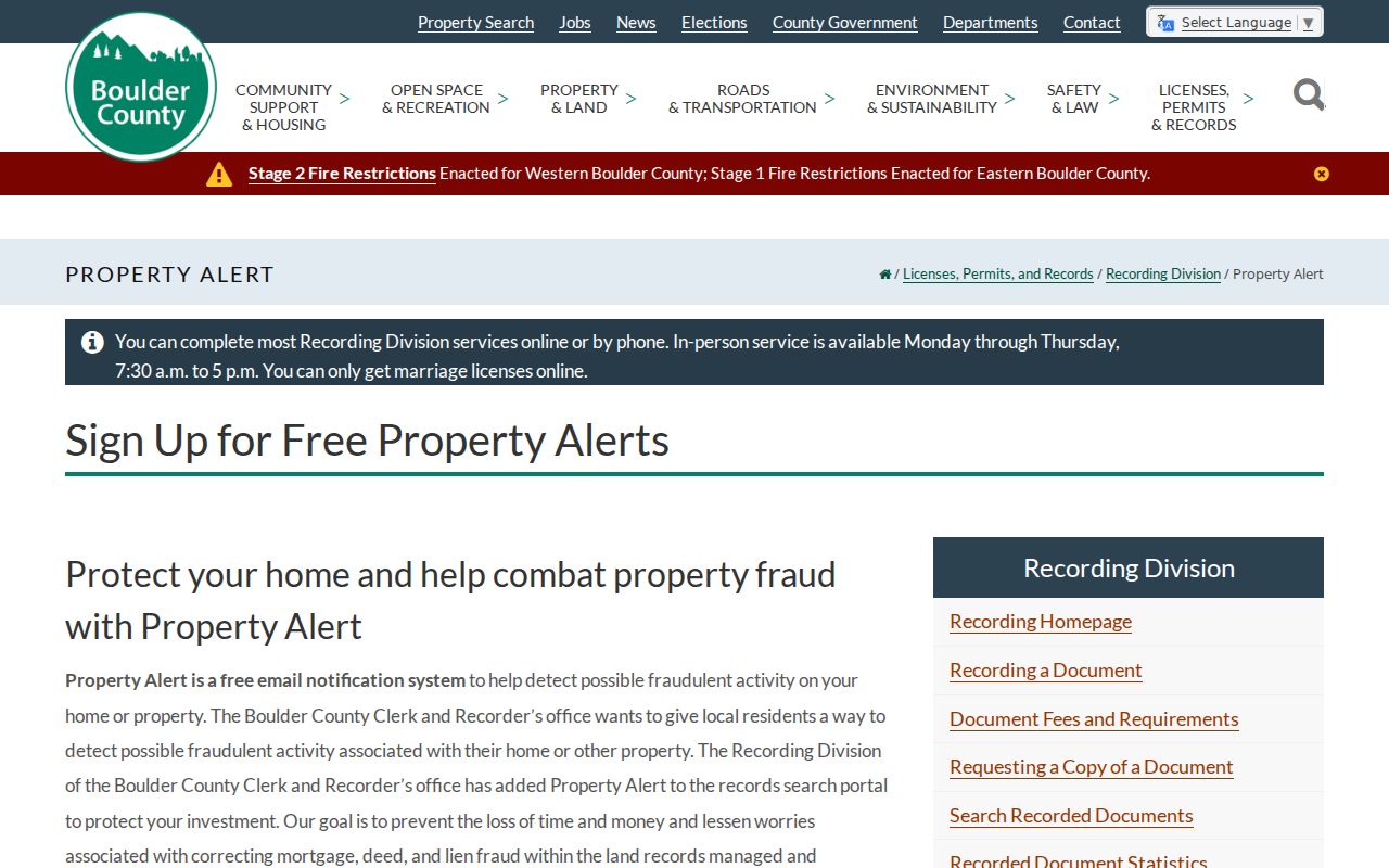 Boulder previous residents PropertyAlert recording notice