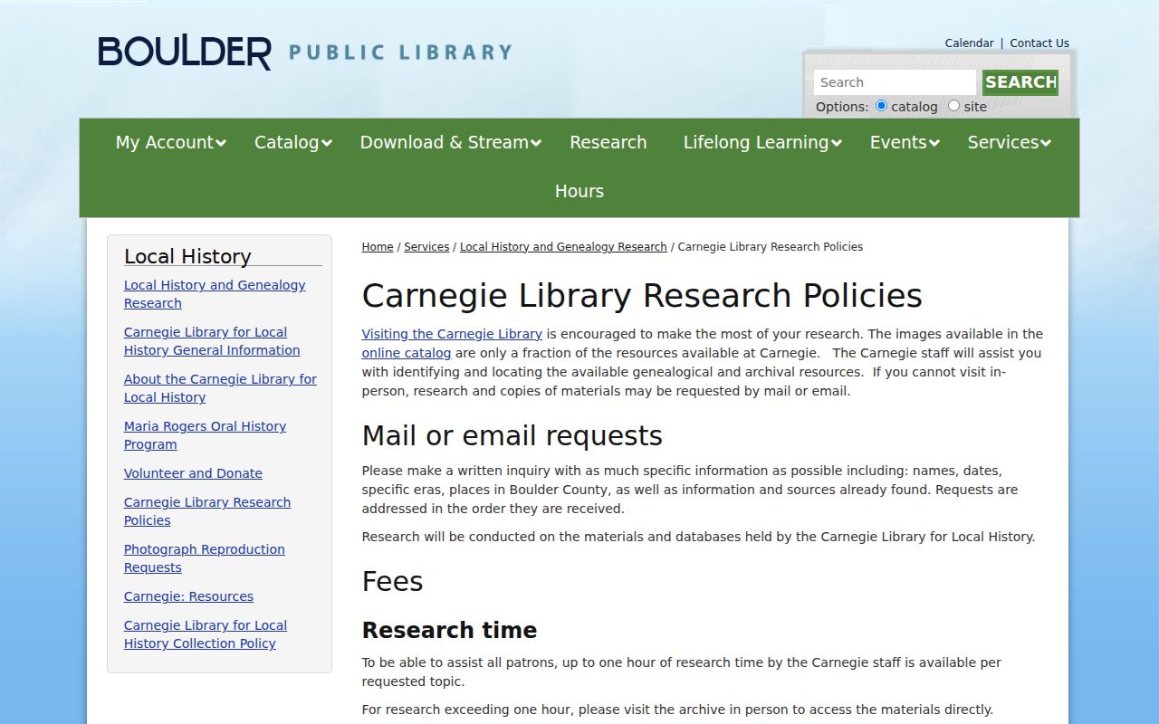 Boulder previous residents Carnegie Local History research policy